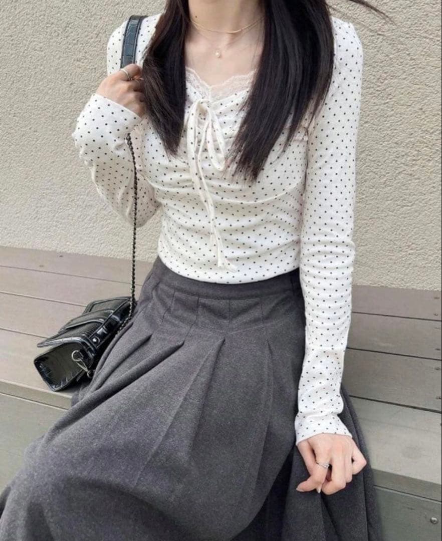FRIFUL ポルカドット柄 コントラストレース フロントタイ 長袖Tシャツ — image 2