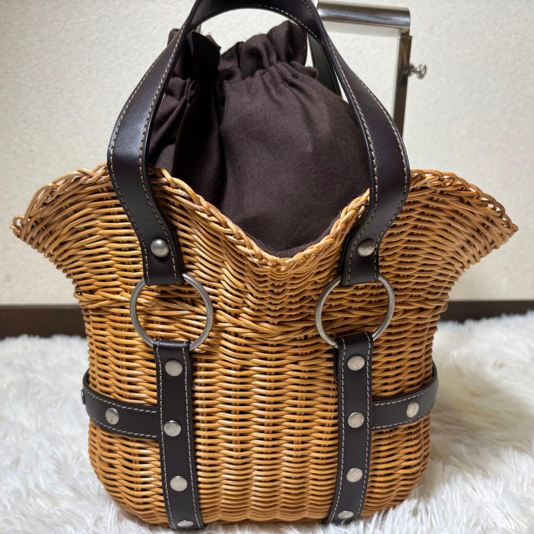 格安✨ ベネトン かごバッグ スタッズ ラタン バスケット ハンドバッグ 茶 — image 3