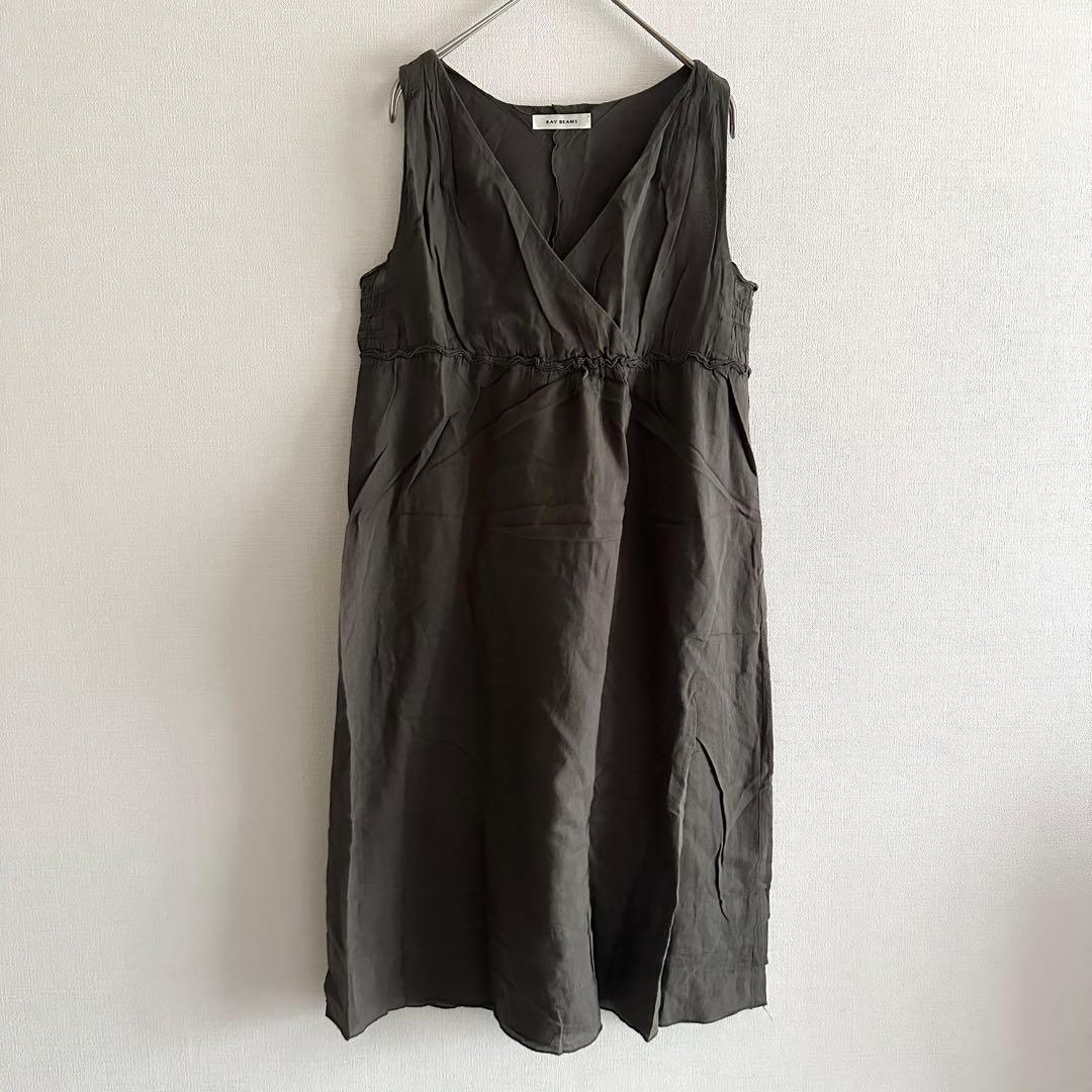 Ray BEAMS ワンピース ノースリーブ Vネック カーキ F 綿100% — image 2