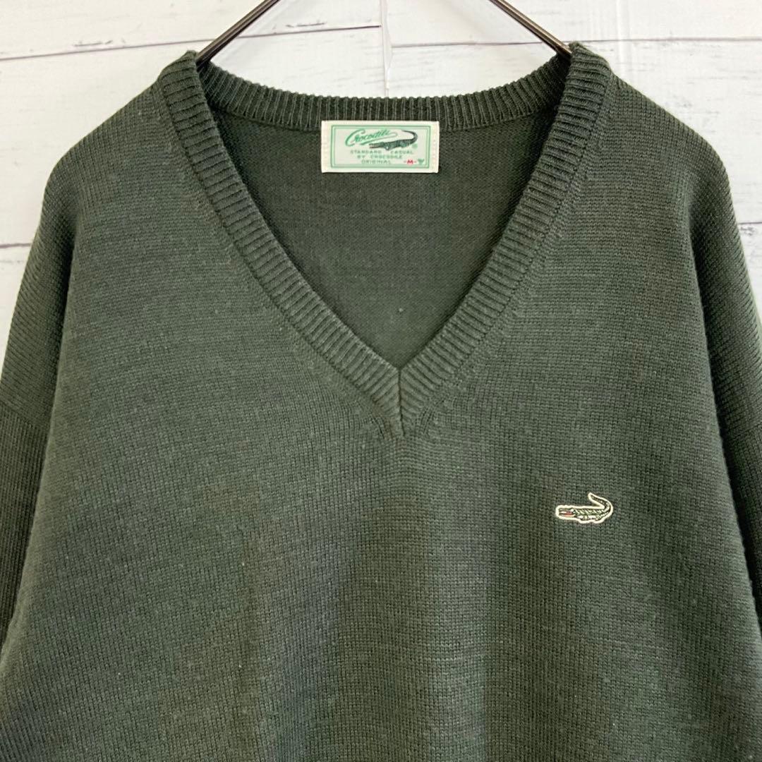 Crocodile Vネック セーターM グリーン 毛混 秋冬 メンズ — image 2