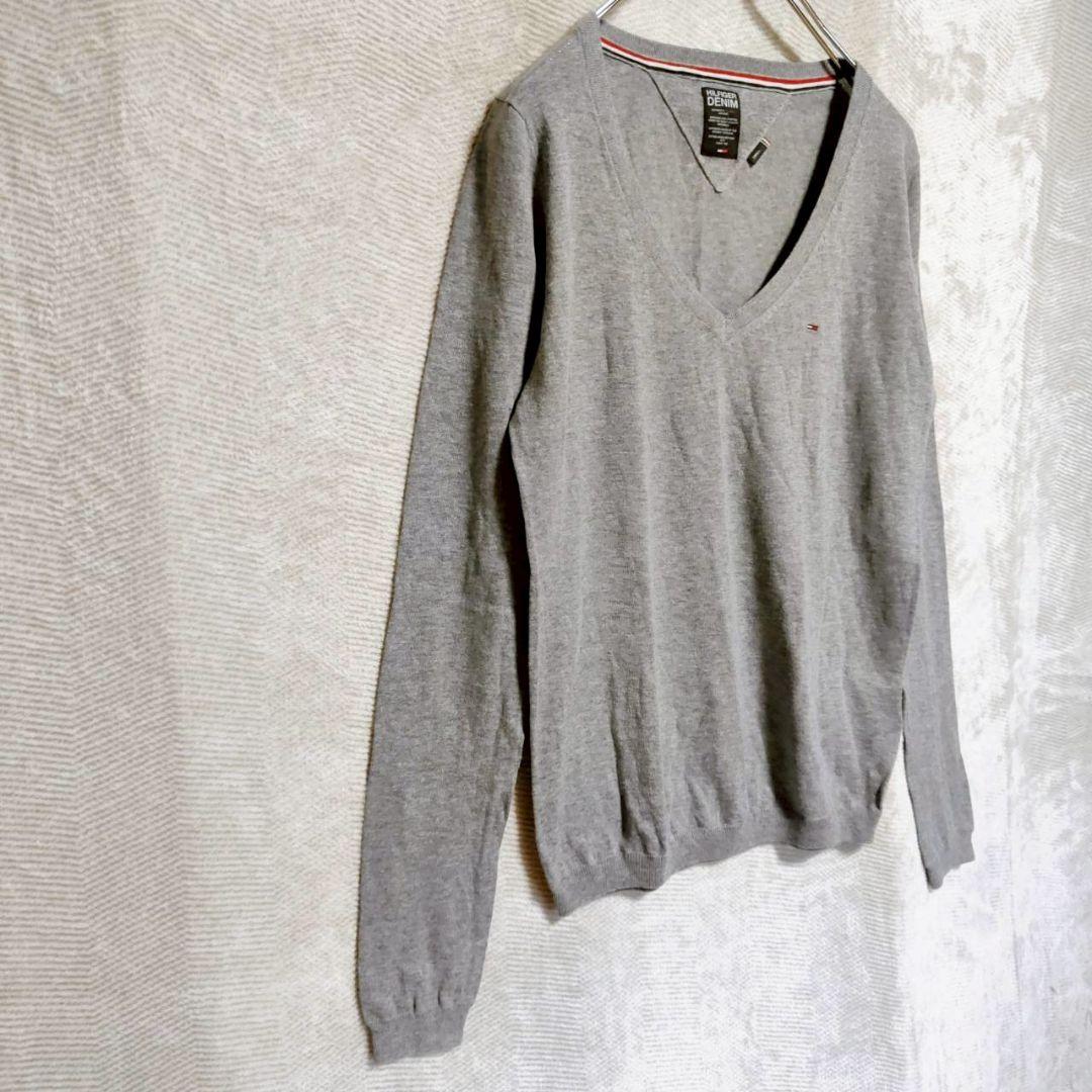 HILFIGER DENIM Vネックニット S グレー 刺繍綿100% 綺麗め — image 5