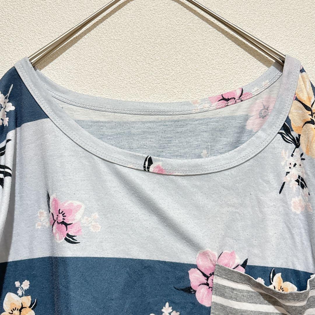 【2XL】 総柄 カットソー 花柄×ボーダー 異素材デザイン チュニック丈 — image 2