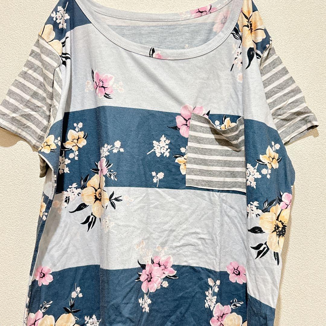 【2XL】 総柄 カットソー 花柄×ボーダー 異素材デザイン チュニック丈 — image 3
