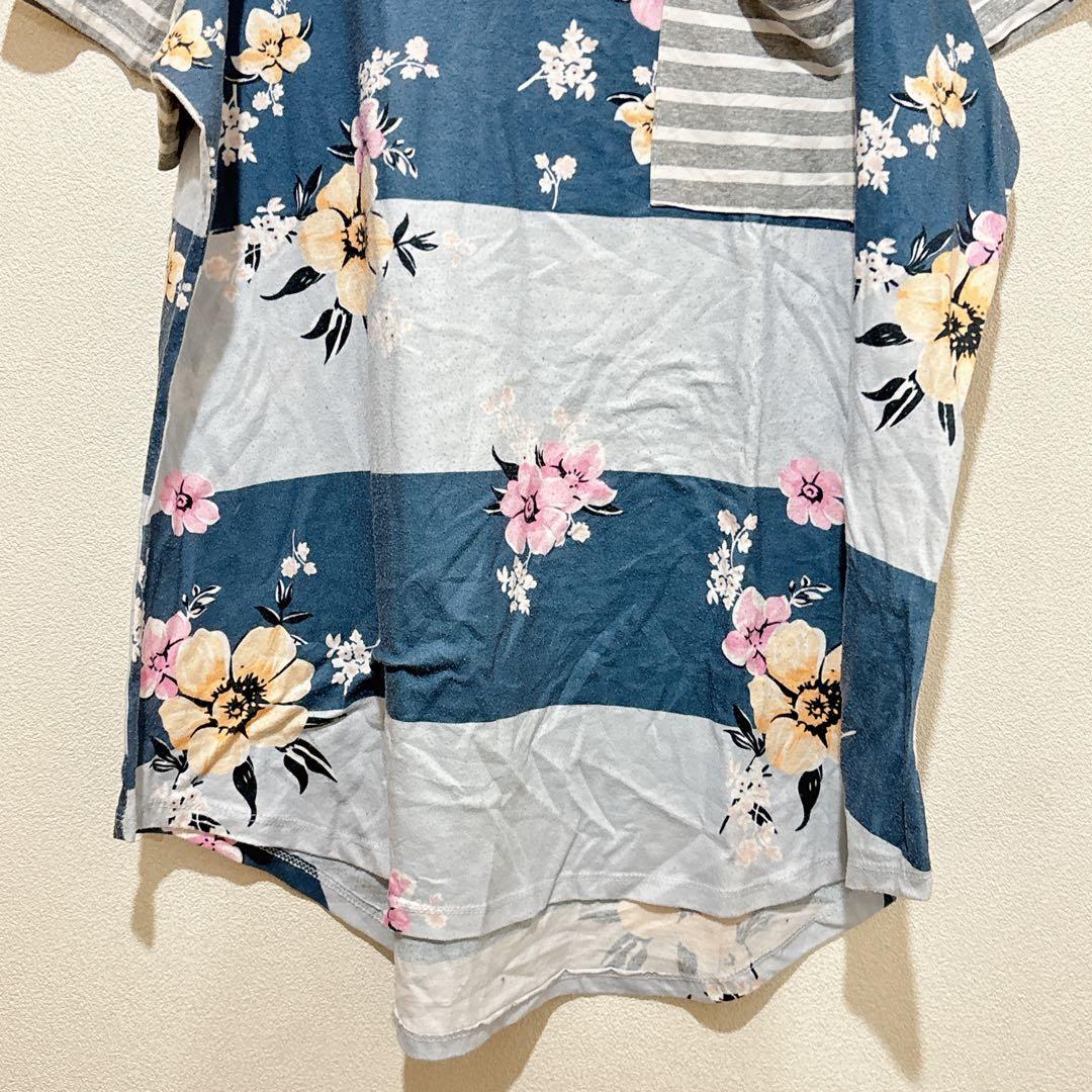 【2XL】 総柄 カットソー 花柄×ボーダー 異素材デザイン チュニック丈 — image 4