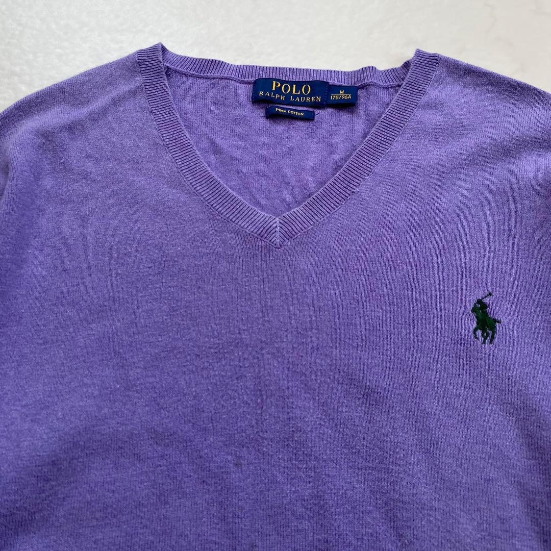 良品★ポロラルフローレン 長袖ニット セーター ロゴ刺繍 Vネック 紫 M — image 3