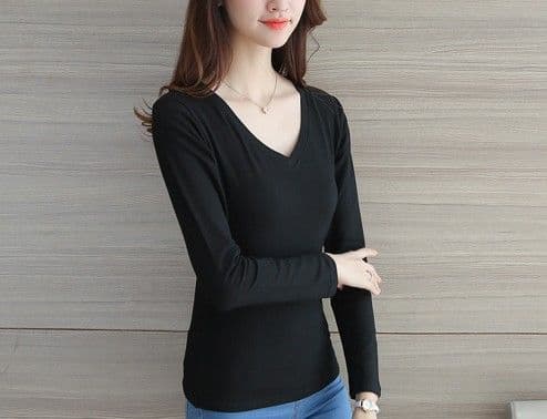 Vネック レディース 長袖 トップス カットソー カジュアル Tシャツ — image 3