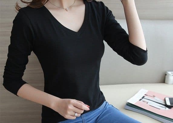 Vネック レディース 長袖 トップス カットソー カジュアル Tシャツ — image 4