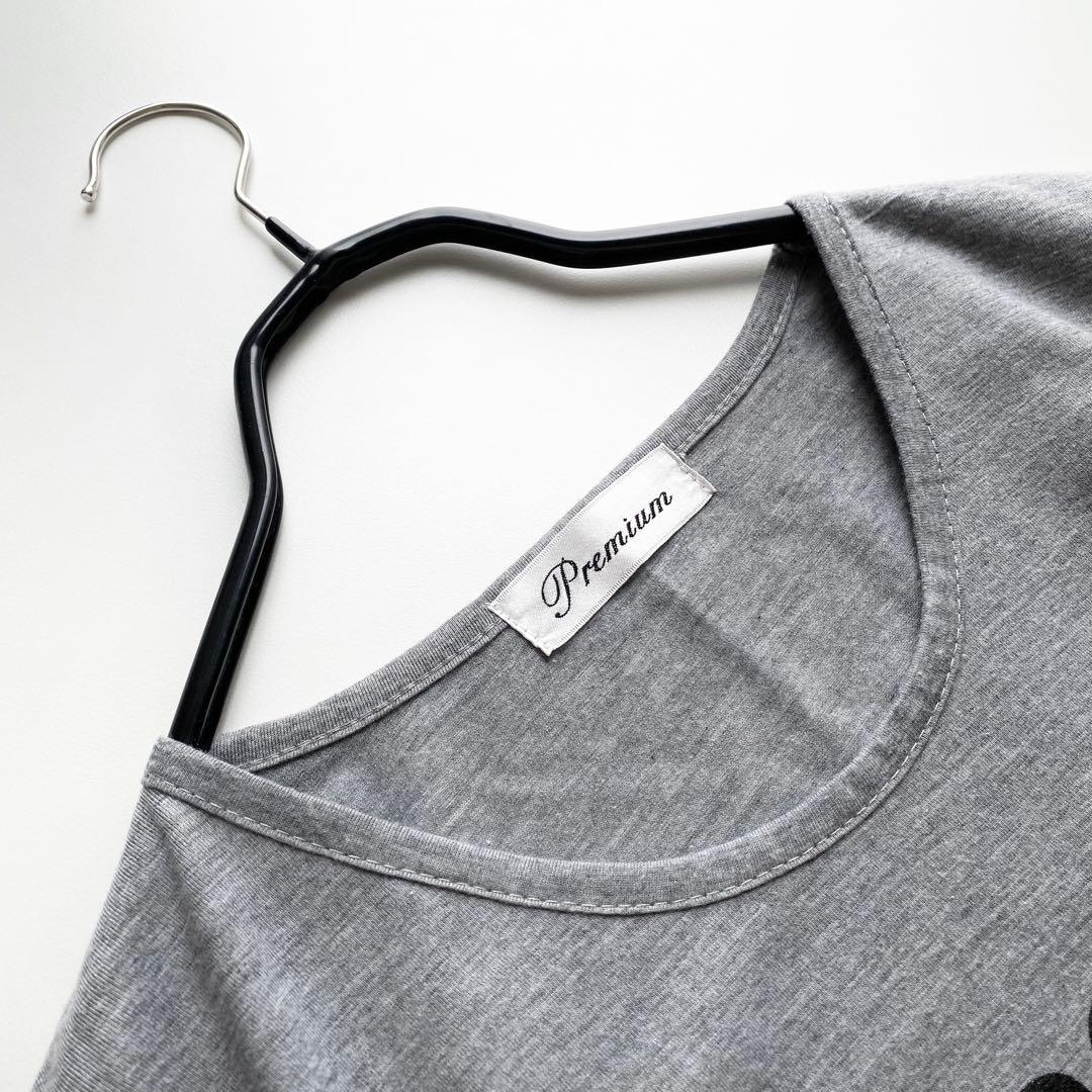 メッセージTシャツ　ラメ入りロゴ　長袖　ロンT　変形裾　杢グレー　カットソー — image 5