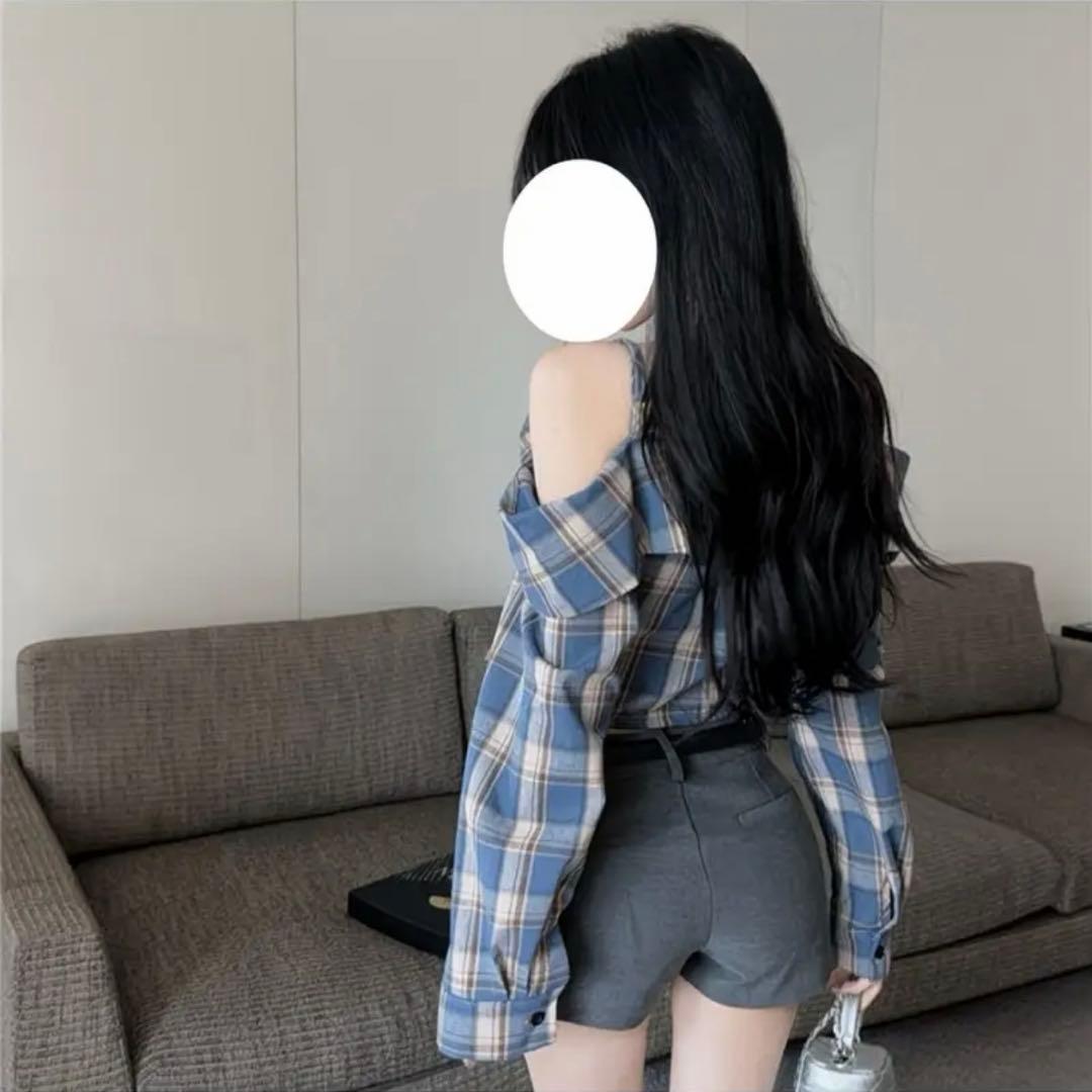 チェック柄 オフショルダー 長袖 トップス — image 2