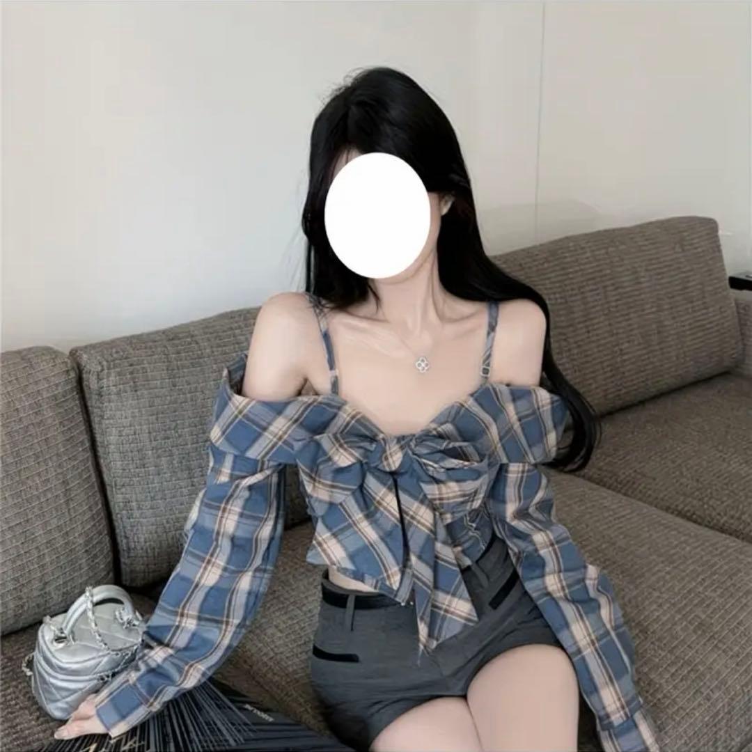 チェック柄 オフショルダー 長袖 トップス — image 3