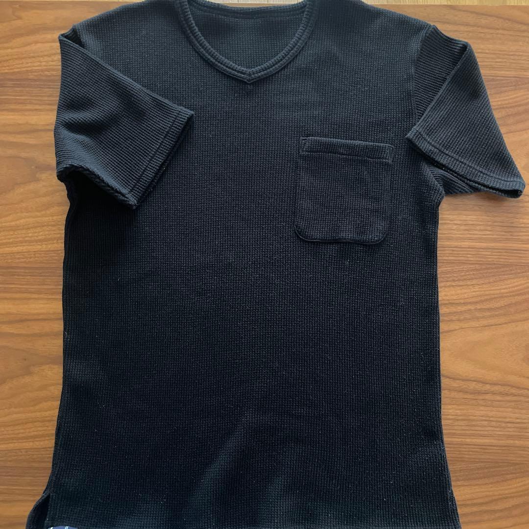 Vネック ワッフル 半袖 ポケット Tシャツ ブラック — image 3