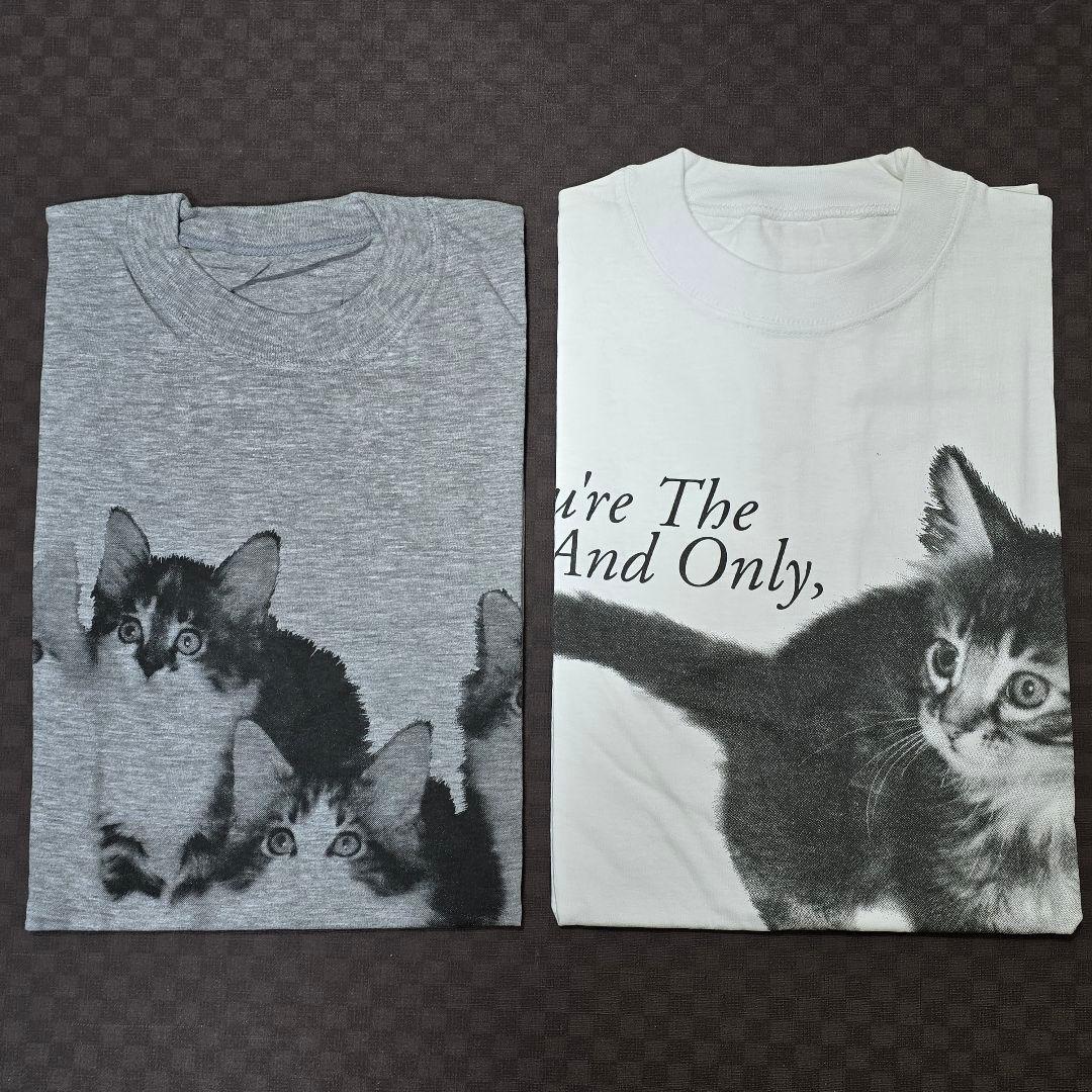 【新品未使用】猫 プリント 半袖Tシャツ 2枚セット 白 グレー フリーサイズ — image 3