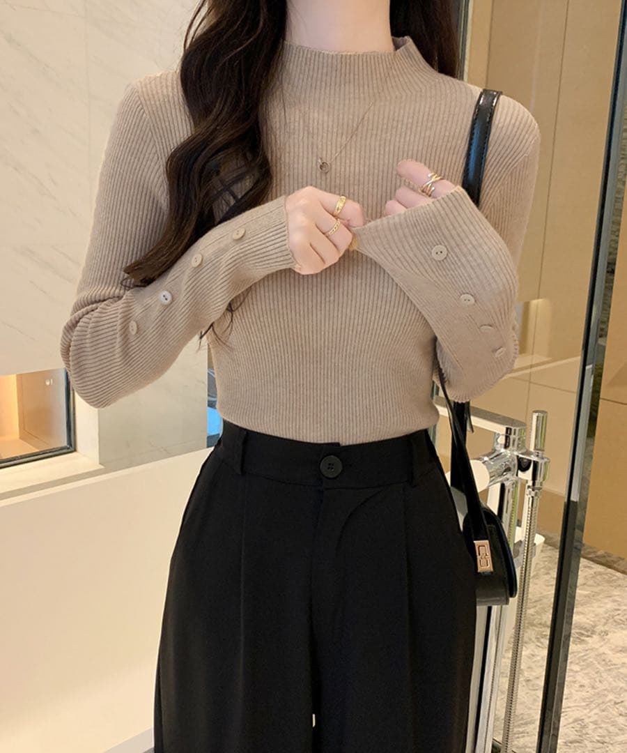 k0885 DoulaDoula 袖ボタンリブニットトップス ベージュ — image 2