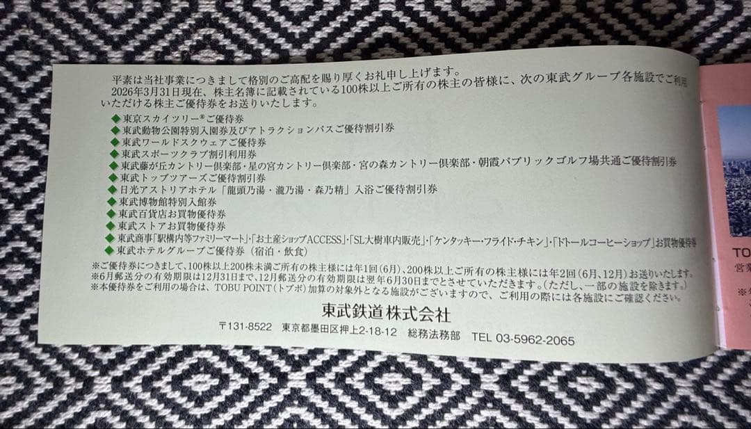 【完全未使用】東武鉄道 株主ご優待券 — image 3