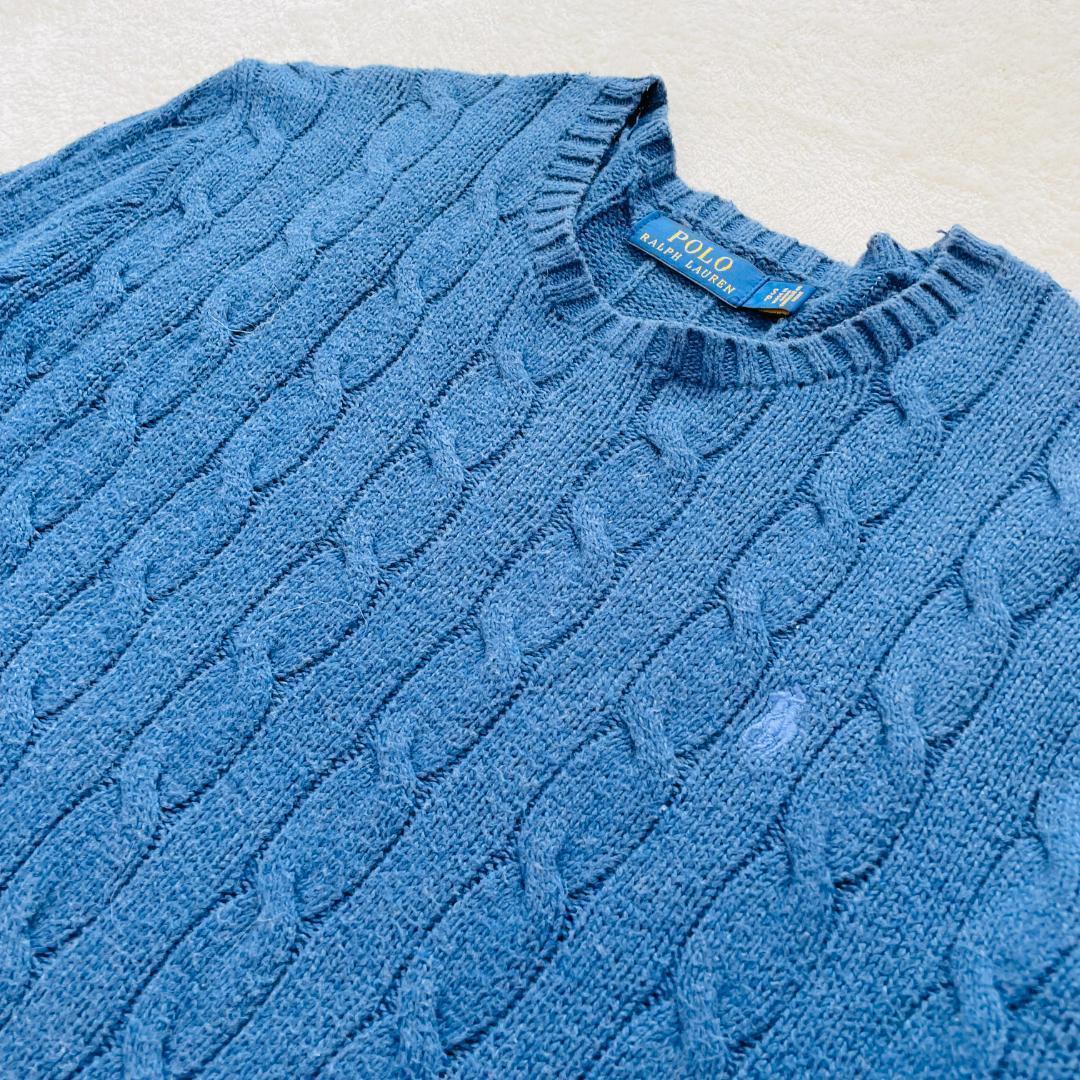 ポロラルフローレン 長袖ニット ケーブルニット ブルー M ロゴ刺繍 コットン — image 2