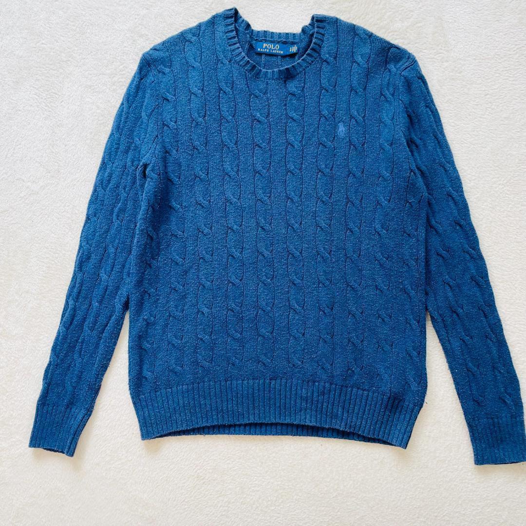 ポロラルフローレン 長袖ニット ケーブルニット ブルー M ロゴ刺繍 コットン — image 3