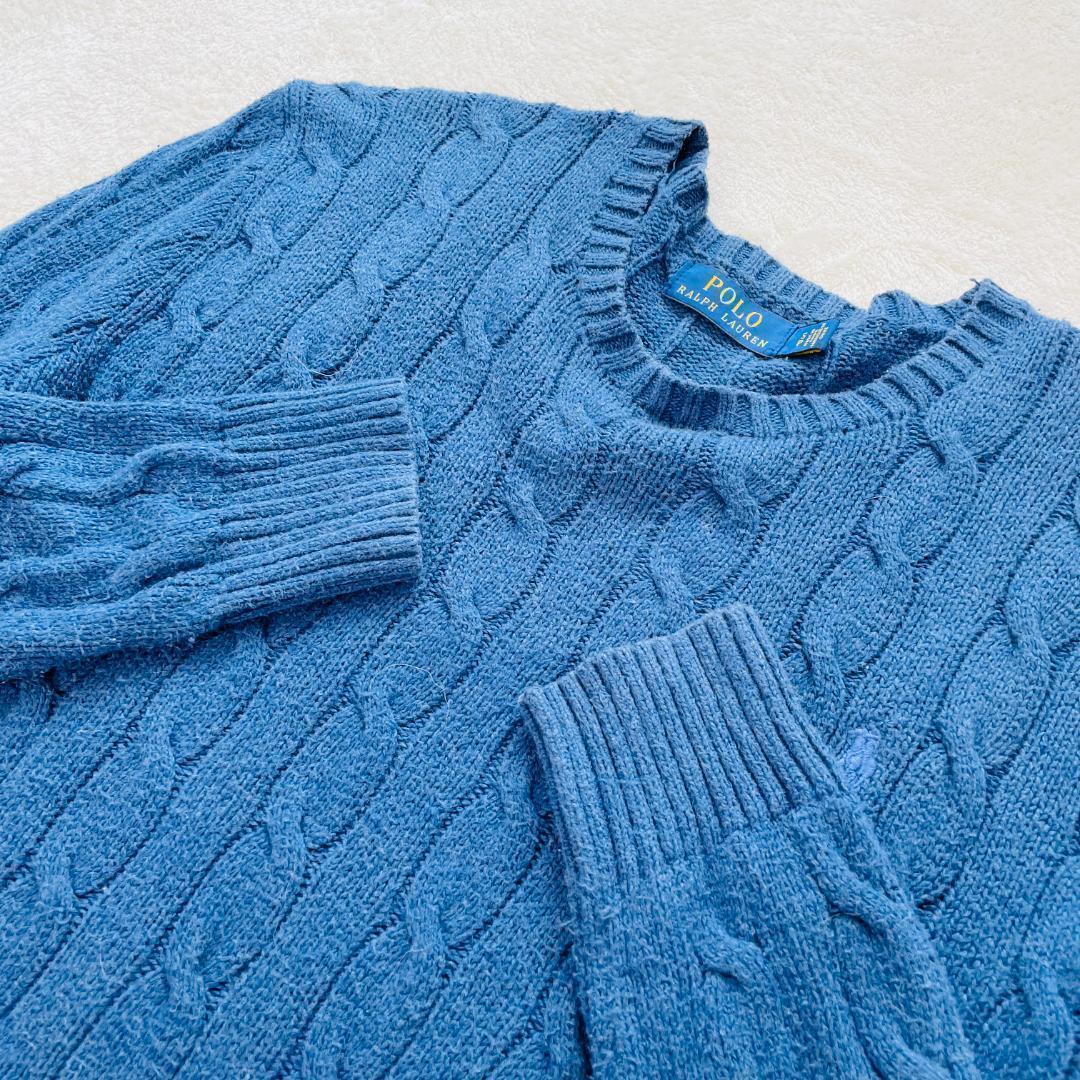 ポロラルフローレン 長袖ニット ケーブルニット ブルー M ロゴ刺繍 コットン — image 4