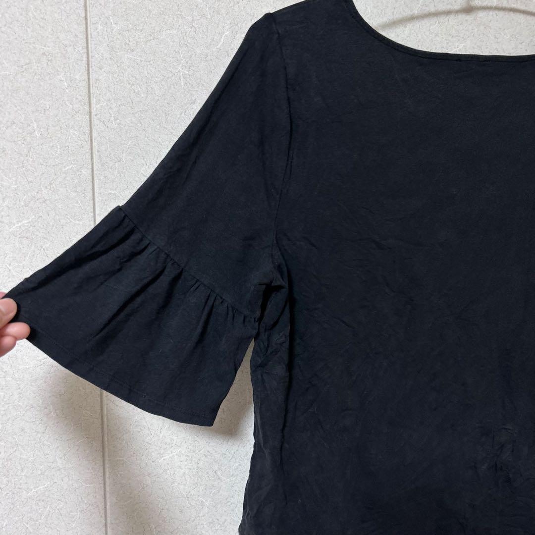 TALBOTS タルボット　ブラック 五分袖 Tシャツ L フリル袖　デート — image 5