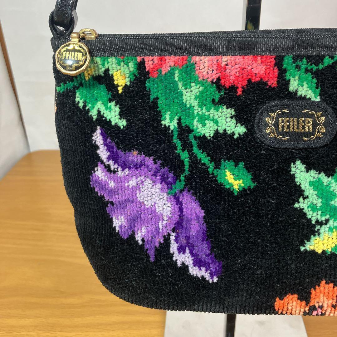 美品 FEILER フェイラー 花柄 トートバッグ ハンドバッグ ブラック 横長 — image 3