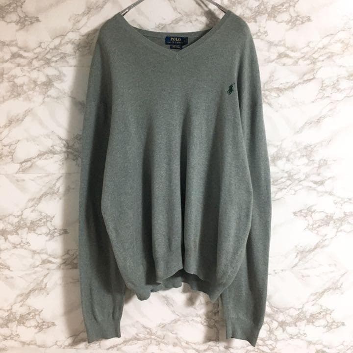 【ピマコットン】ポロラルフローレン　ワンポイント刺繍　Ｖネックニット　灰色２ＸＬ — image 2