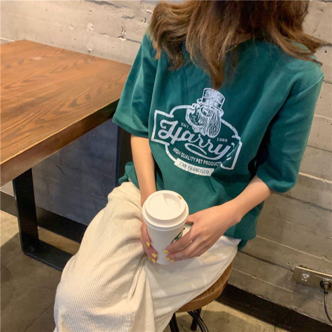 レディース トップス 半袖 Tシャツ XL オーバーサイズ 韓国 緑 ロゴT — image 2
