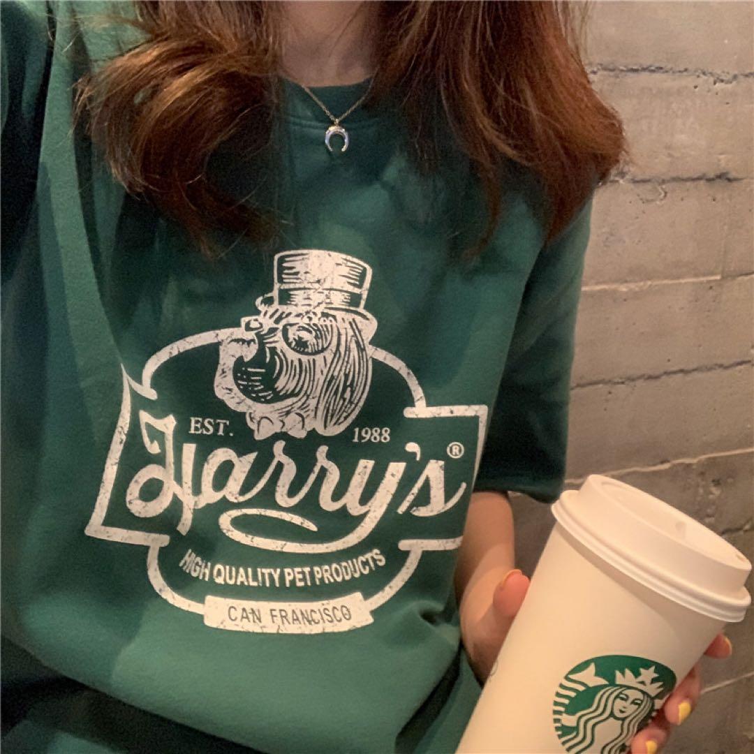 レディース トップス 半袖 Tシャツ XL オーバーサイズ 韓国 緑 ロゴT — image 3