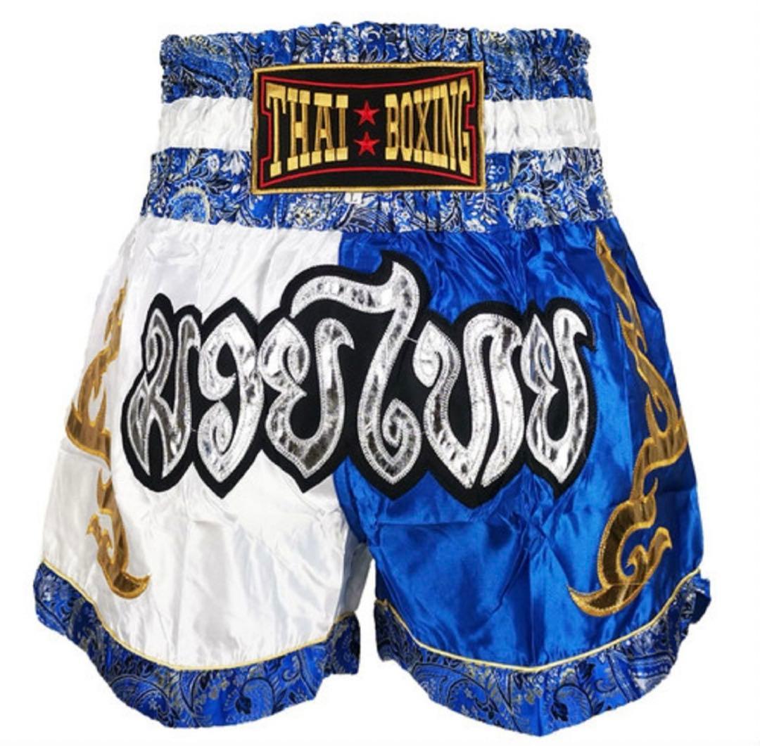 THAI BOXING ムエタイパンツ ブルー×ホワイト M キック サテン — image 4
