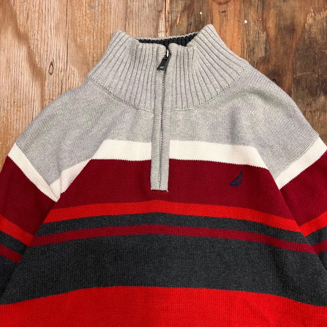 90s NAUTICA ハーフジップボーダーコットンニット レッド Y2K — image 3