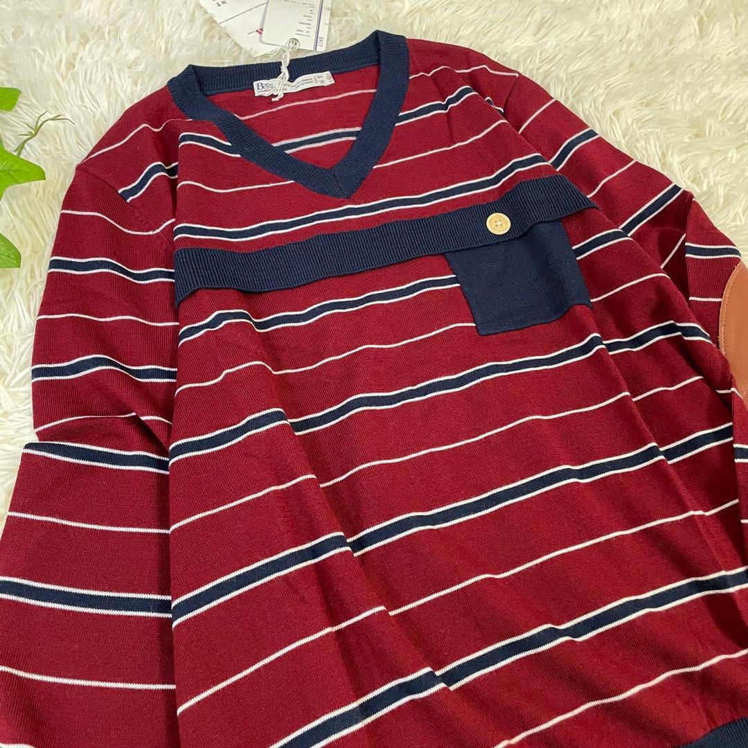 新品　ボディーバター　牛革エルボーパッチ付　薄手ニット　ボーダー柄　M — image 2