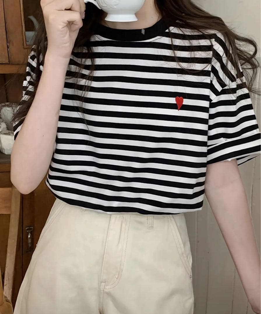 ハート刺繍 半袖Tシャツ ボーダーMサイズ — image 3