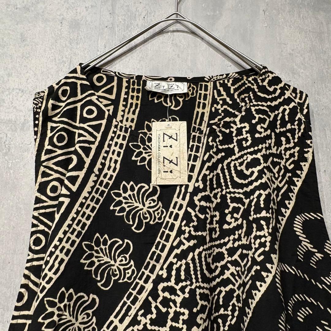 新品 ZIZI エプロンワンピース 総柄 黒 アジアンテイスト 個性派 マキシ丈 — image 4