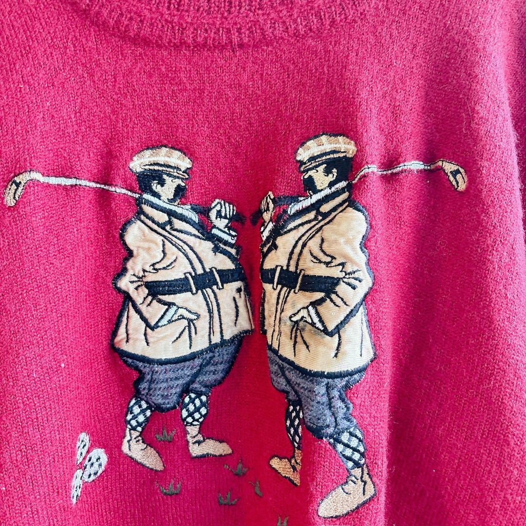 ビワヒスト ニット クルーネック ゴルフ 刺繍 Ｍ 赤 毛 レトロ トラッド — image 2