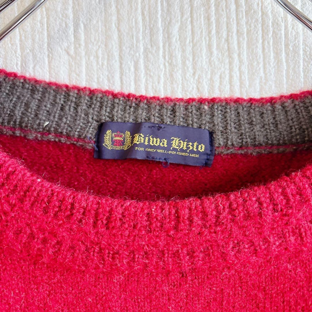 ビワヒスト ニット クルーネック ゴルフ 刺繍 Ｍ 赤 毛 レトロ トラッド — image 3