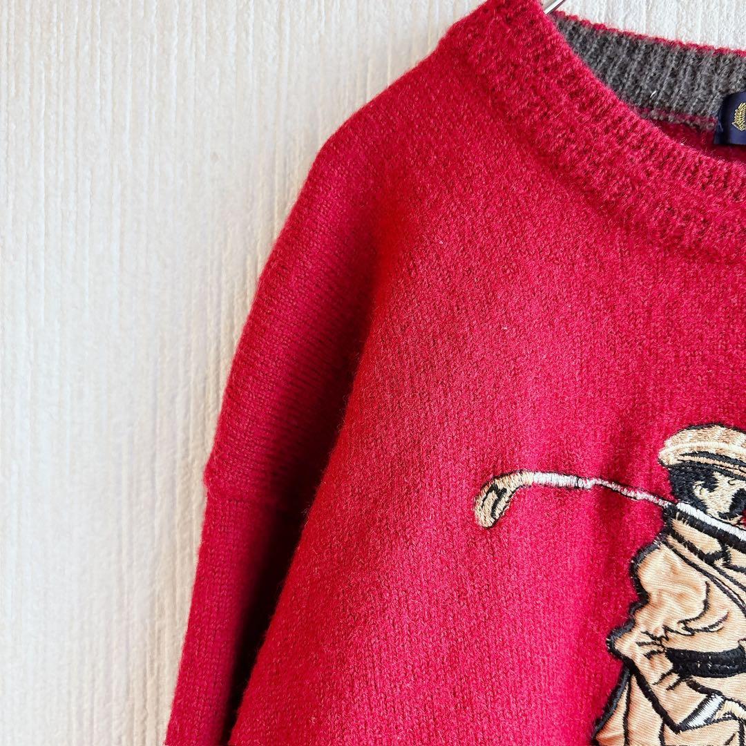 ビワヒスト ニット クルーネック ゴルフ 刺繍 Ｍ 赤 毛 レトロ トラッド — image 4
