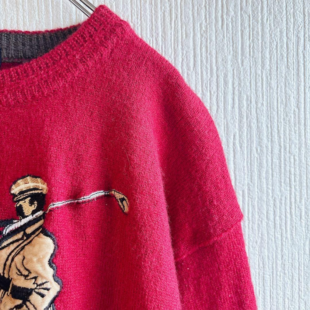 ビワヒスト ニット クルーネック ゴルフ 刺繍 Ｍ 赤 毛 レトロ トラッド — image 5