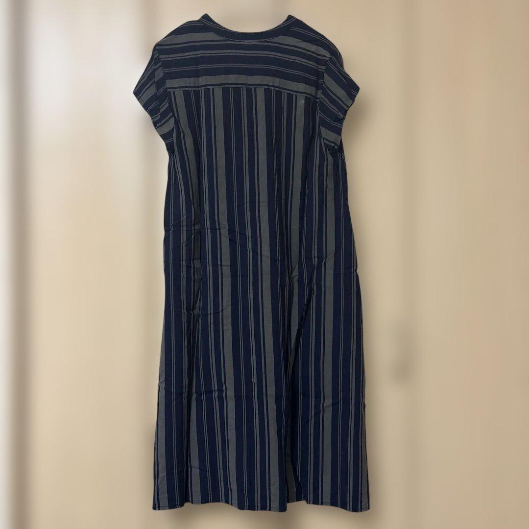 NAVY ストライプワンピース ロング Vネック ネイビー×グレー Fサイズ — image 3