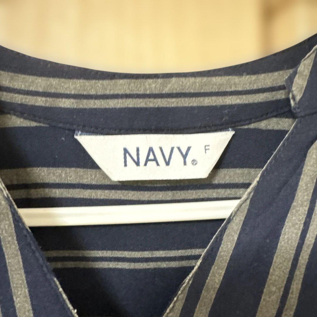 NAVY ストライプワンピース ロング Vネック ネイビー×グレー Fサイズ — image 4