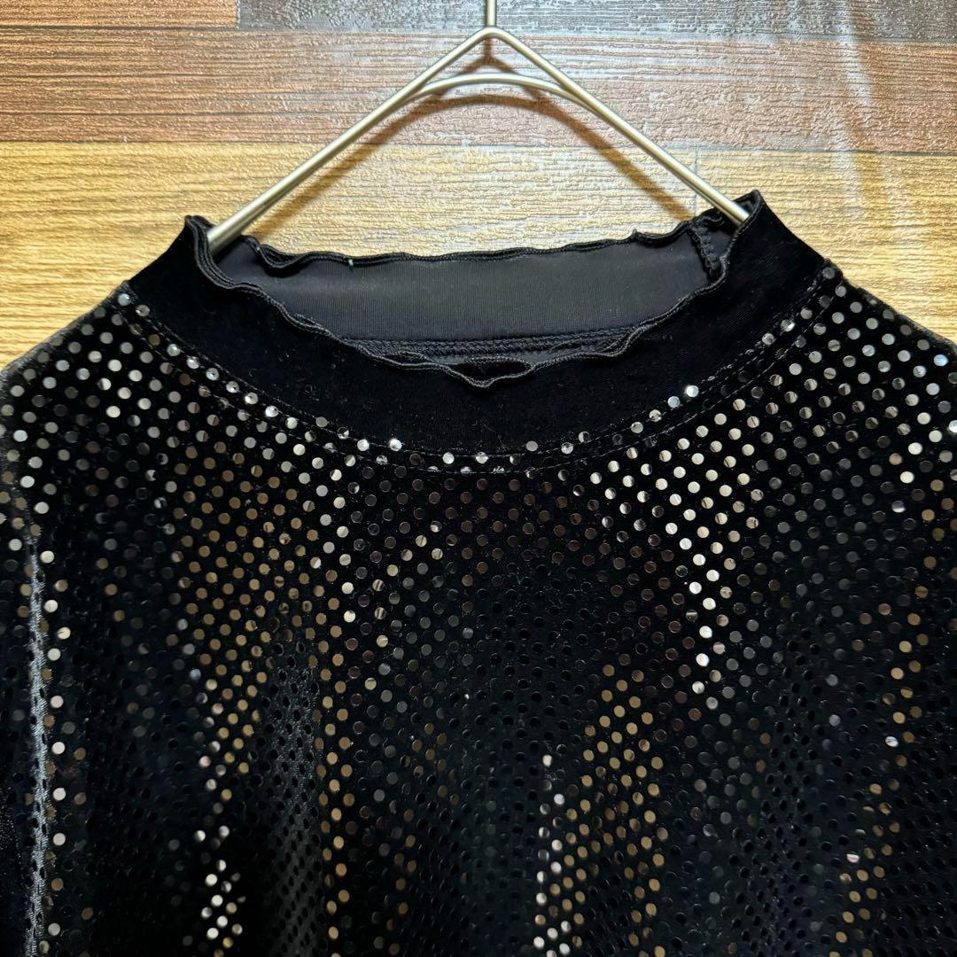 トップス カットソー クルーネック　ベロア スパンコール 上品 ブラック　古着 — image 5