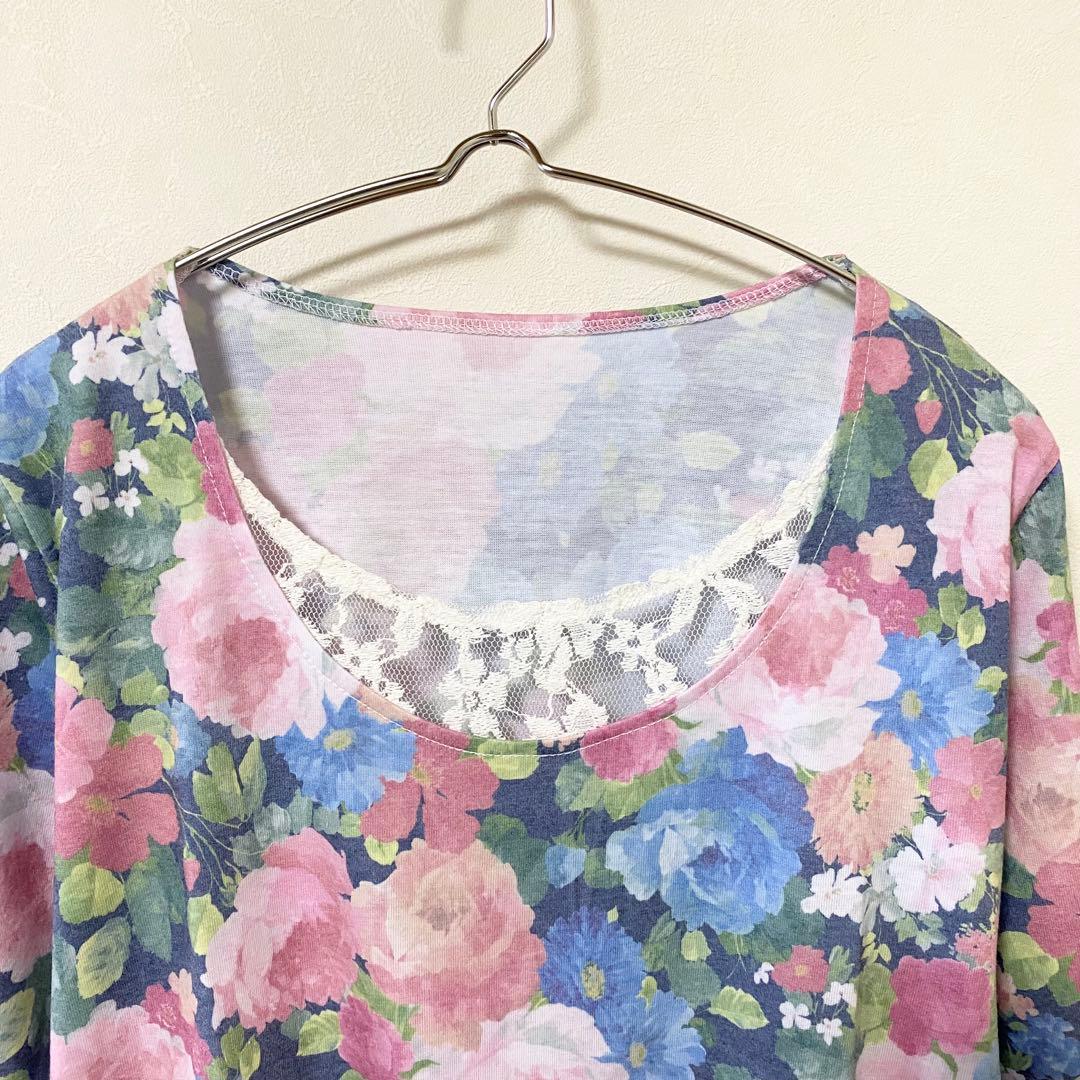 未使用タグ付き【Le' Fumoir】レースドッキングTシャツ 花柄 綿混 L — image 4