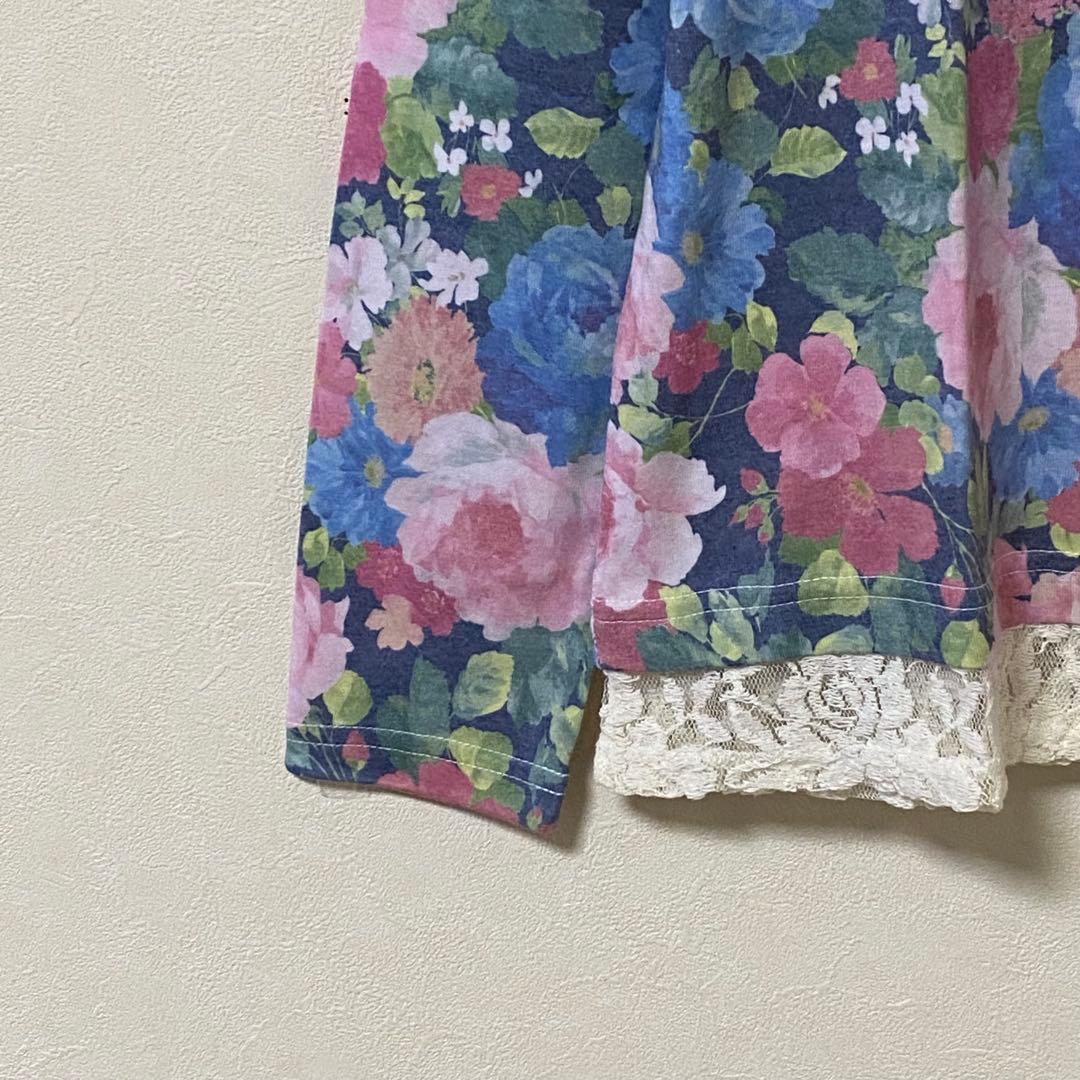 未使用タグ付き【Le' Fumoir】レースドッキングTシャツ 花柄 綿混 L — image 5