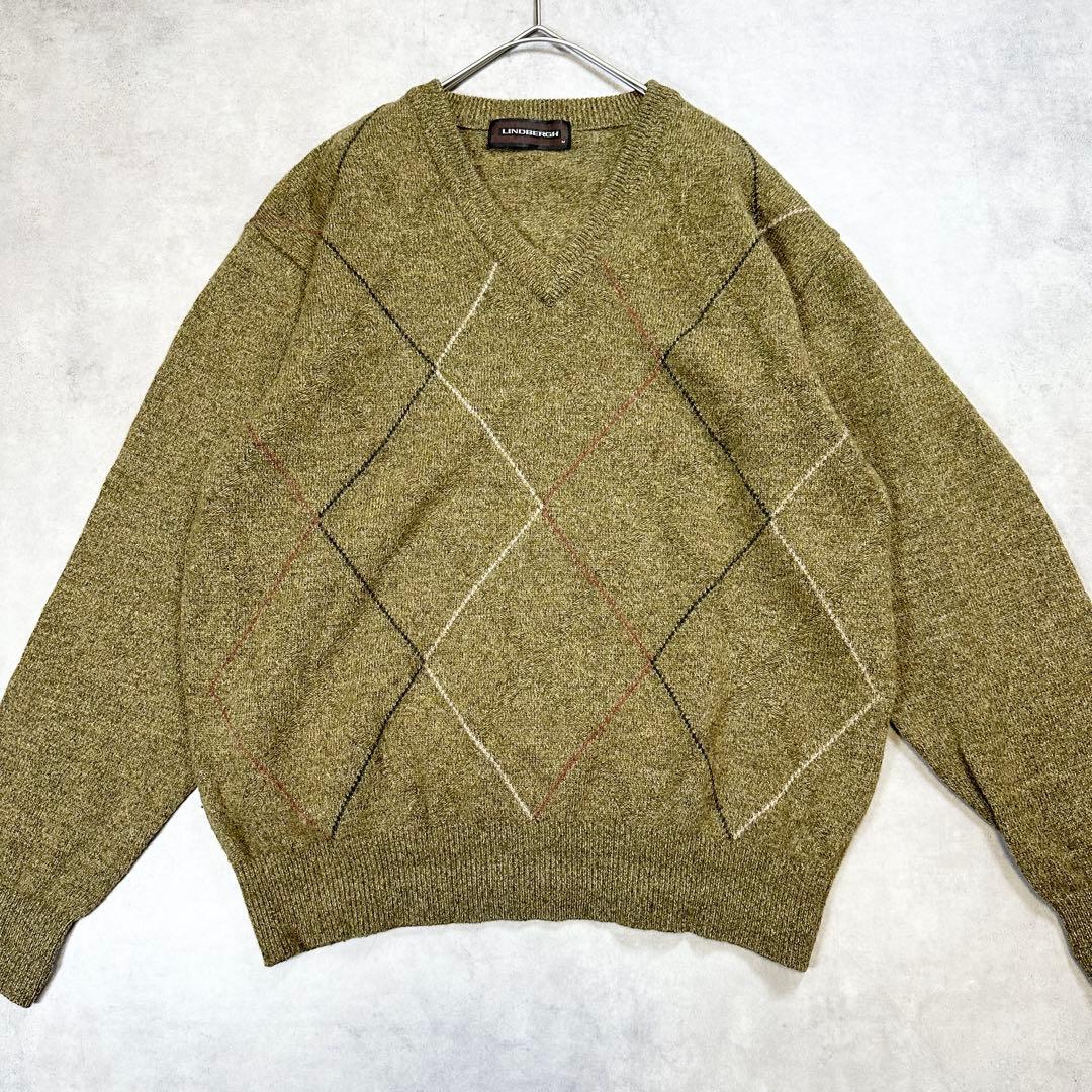 リンドバーグ アーガイル柄 Vネックニット セーター M カーキ j1243 — image 2