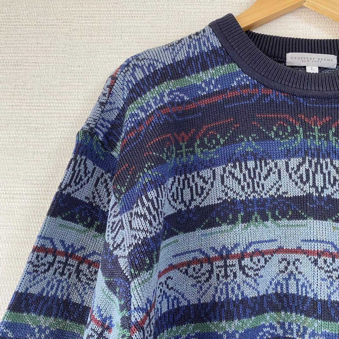 ジェフリービーン デザインニット 長袖 幾何学模様 ボーダー L 訳あり 紺 — image 4