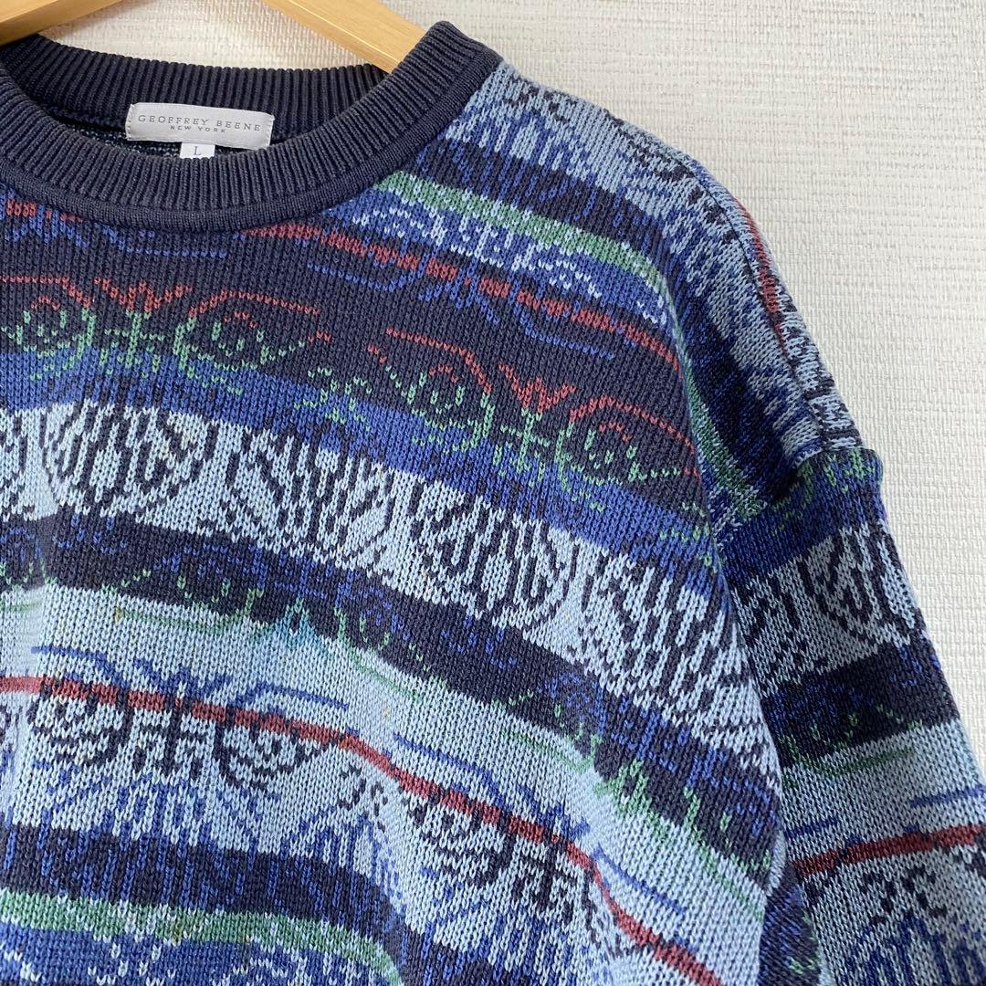 ジェフリービーン デザインニット 長袖 幾何学模様 ボーダー L 訳あり 紺 — image 5