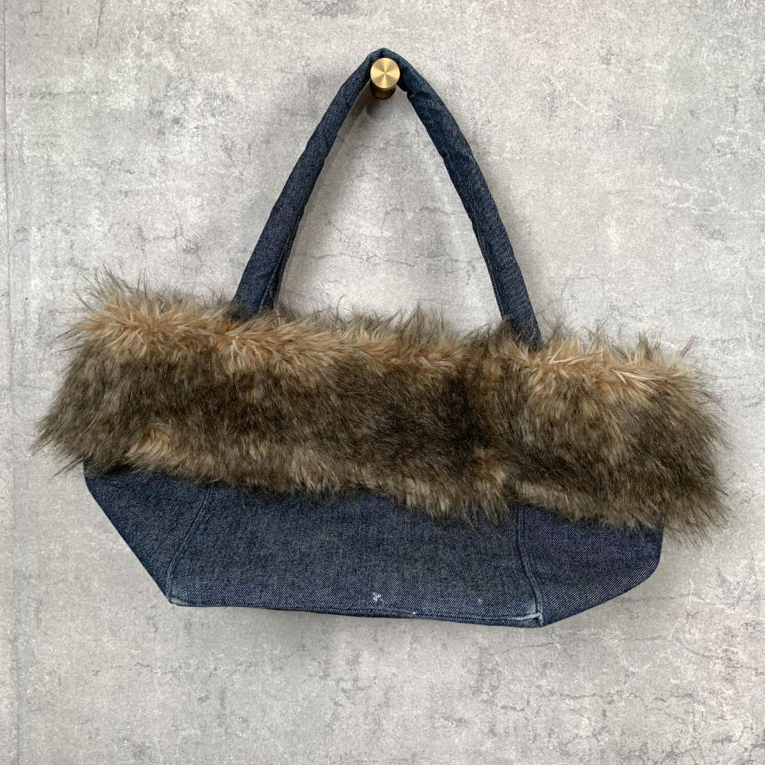 バッグ デニム ブルー 刺繍　ファー　レディース — image 2