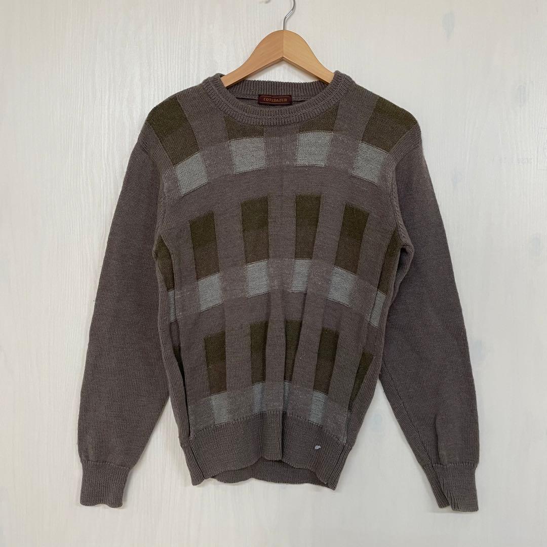 COTEDAZUR メンズ M ブラウン グレー ニット ブロックチェック 古着 — image 2