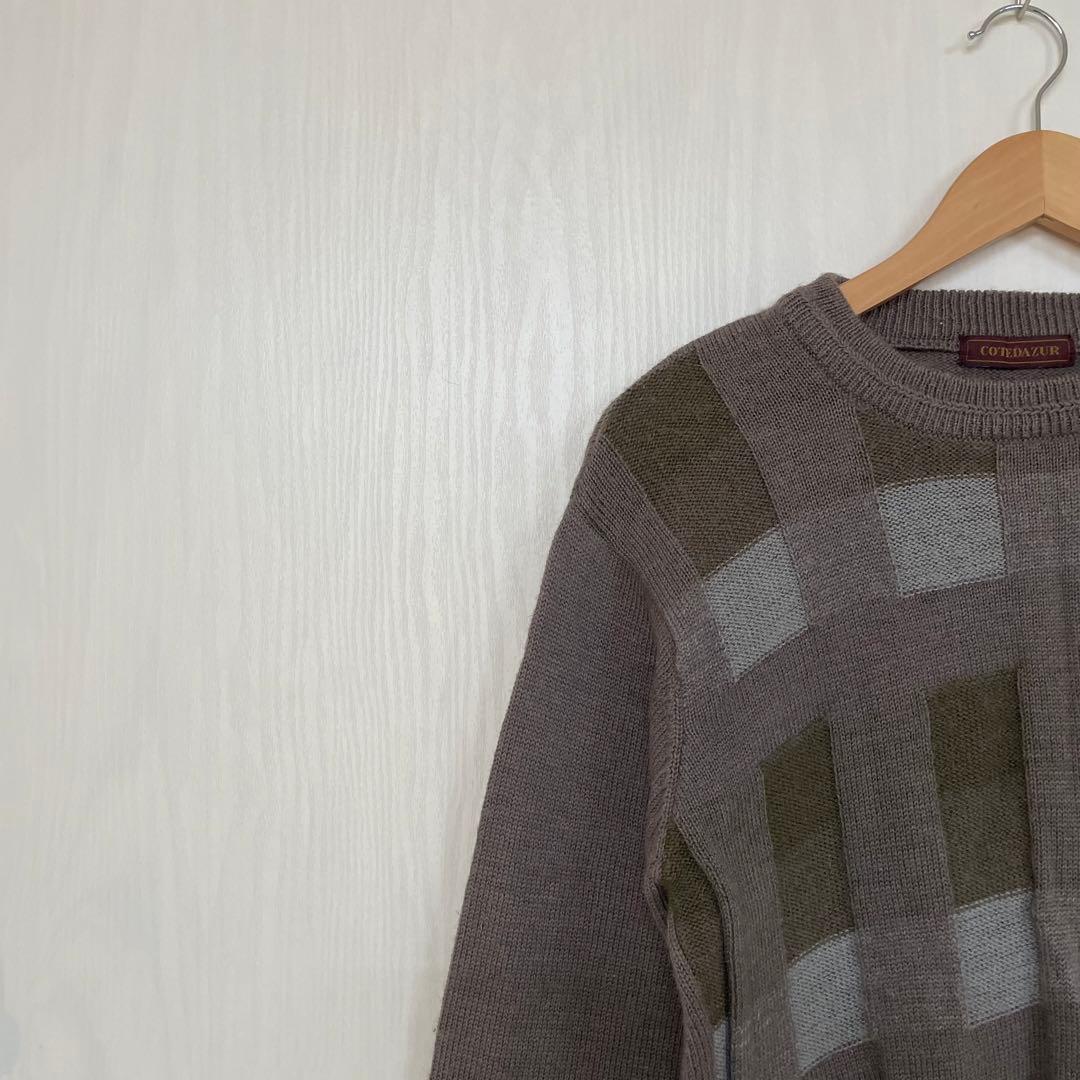 COTEDAZUR メンズ M ブラウン グレー ニット ブロックチェック 古着 — image 4