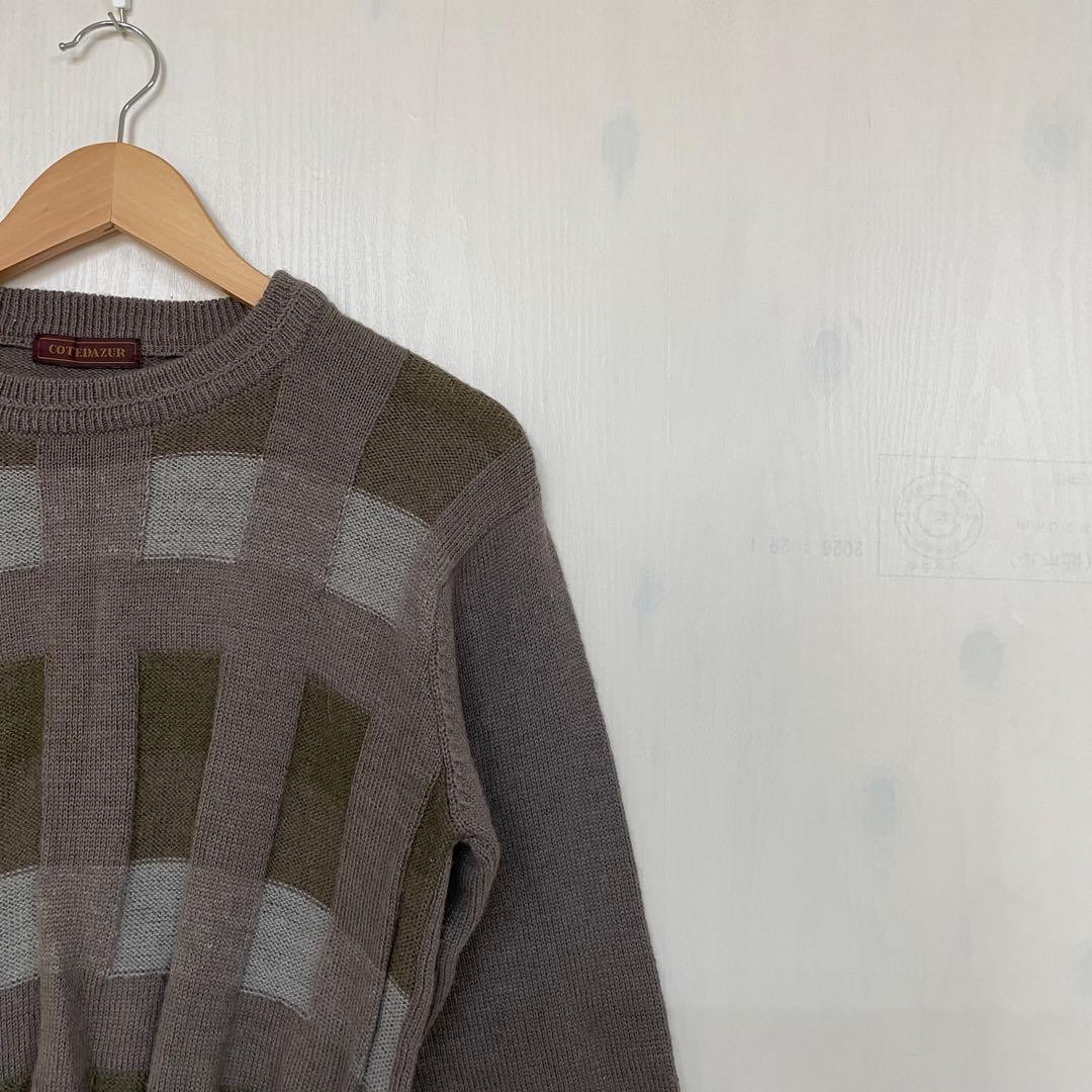COTEDAZUR メンズ M ブラウン グレー ニット ブロックチェック 古着 — image 5