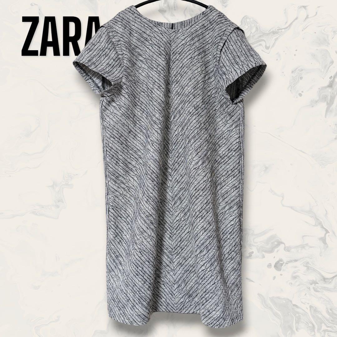 【未使用】 ZARA ヘリンボーン柄 半袖 ワンピース モノトーン サイズL — image 2