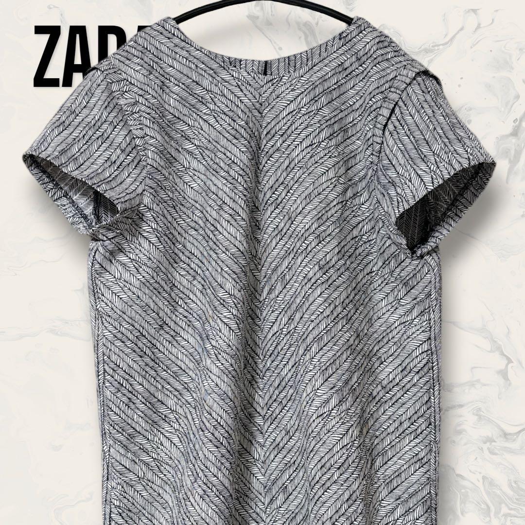 【未使用】 ZARA ヘリンボーン柄 半袖 ワンピース モノトーン サイズL — image 3