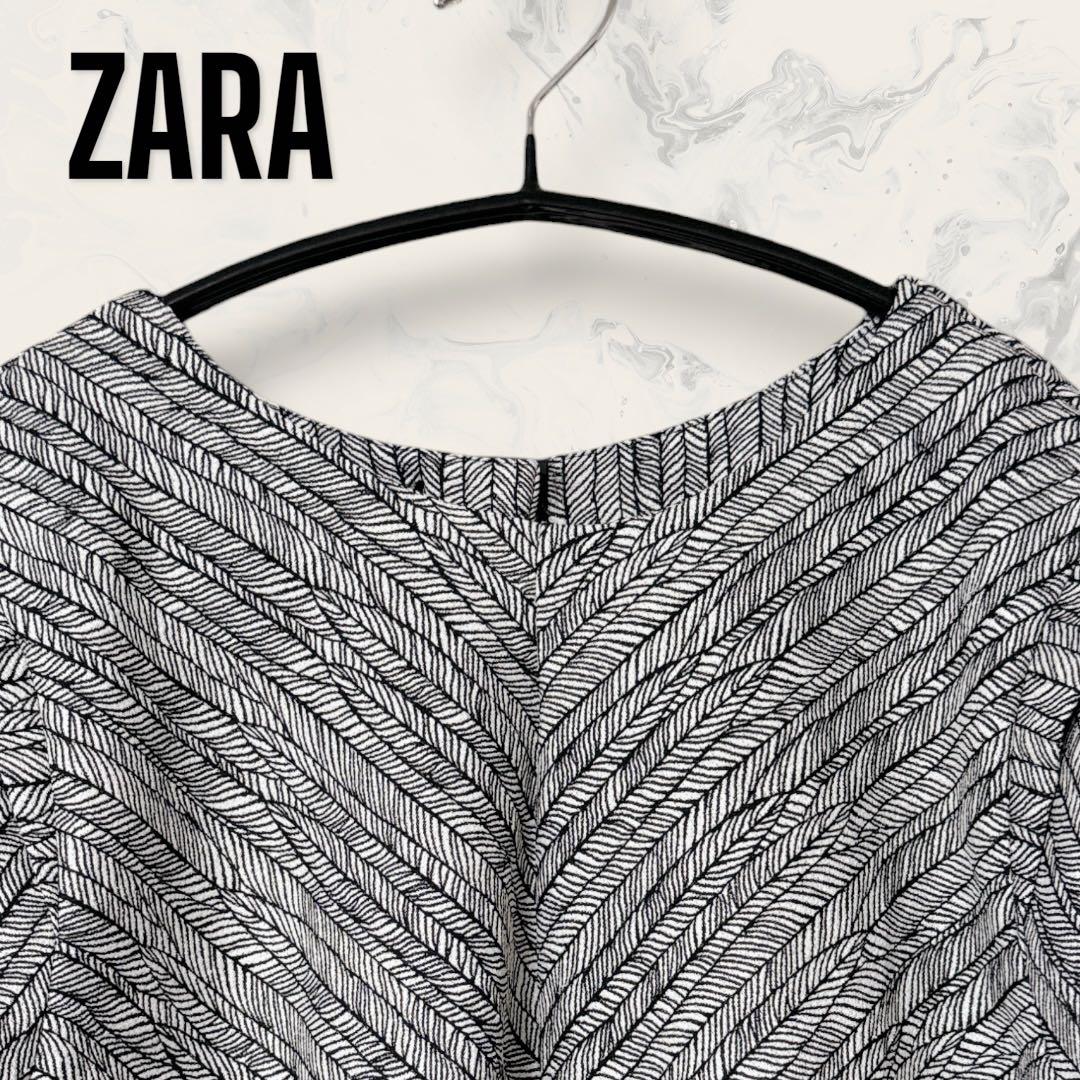 【未使用】 ZARA ヘリンボーン柄 半袖 ワンピース モノトーン サイズL — image 4